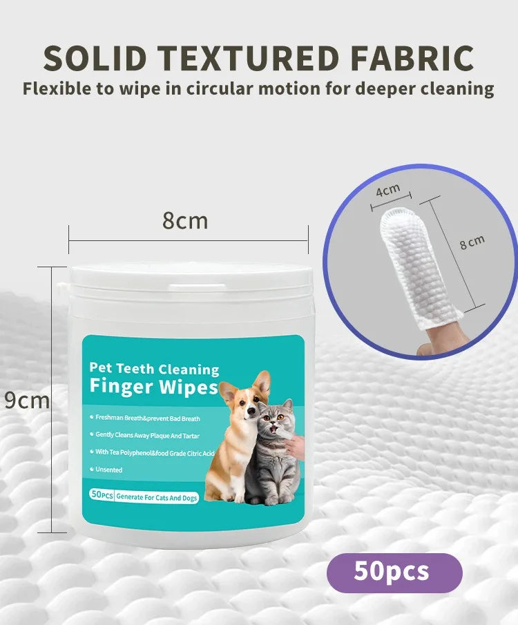 Textured dog dental finger wipes for deep cleaning teeth, removing plaque and tartar, improving gum health and freshening pet breath