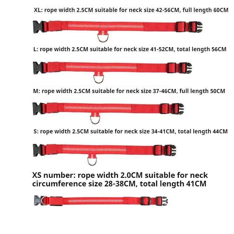 Adjustable LED dog collar sizes chart showing multiple sizes for small medium large dogs, light up rechargeable collar for night visibility and safety