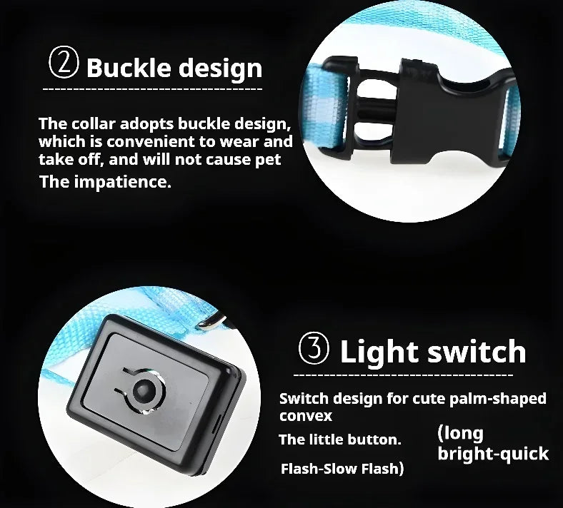 Adjustable LED dog collar with buckle and light switch, rechargeable pet collar with flashing modes for night visibility and safe walking