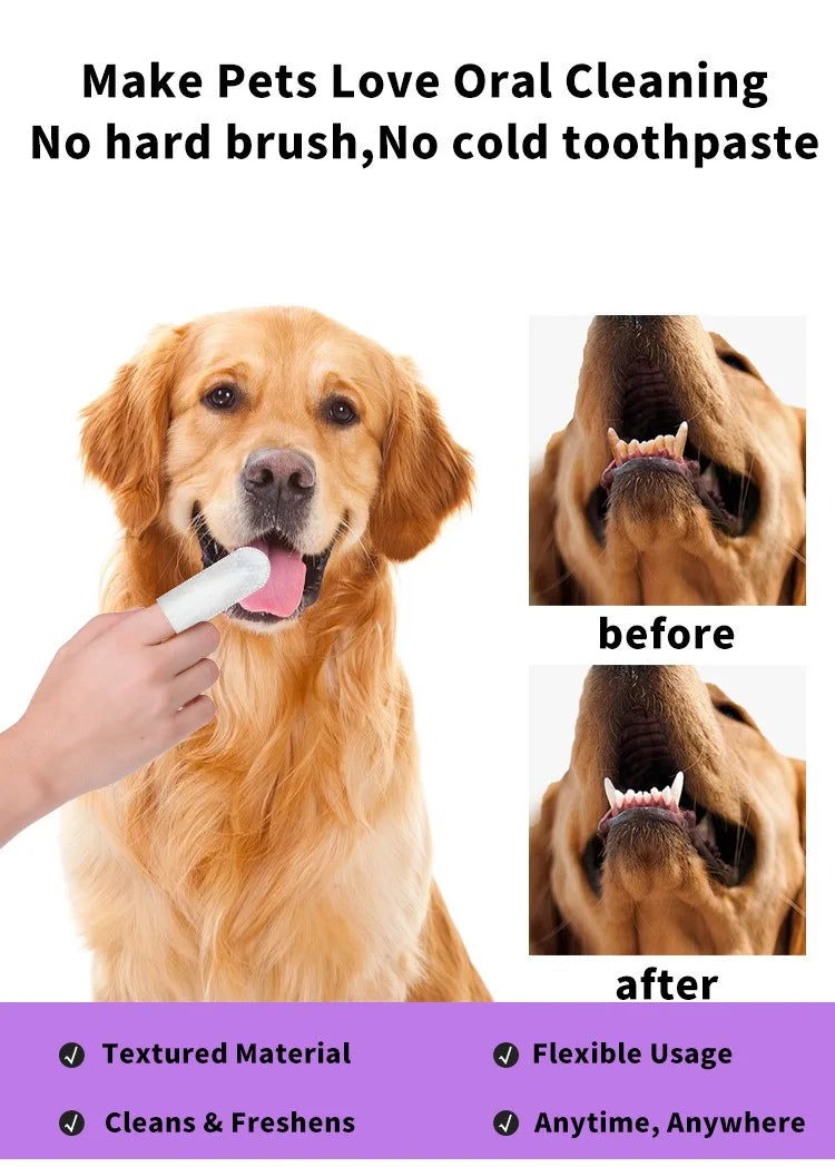Dog dental finger brush cleaning teeth with before and after results, removing plaque, freshening breath and improving pet oral hygiene