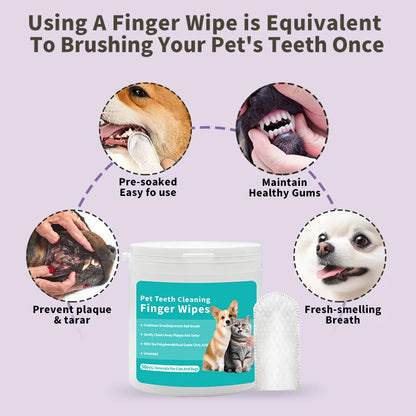 Dog dental finger wipes for cleaning teeth, removing plaque and tartar, improving gum health and freshening pet breath