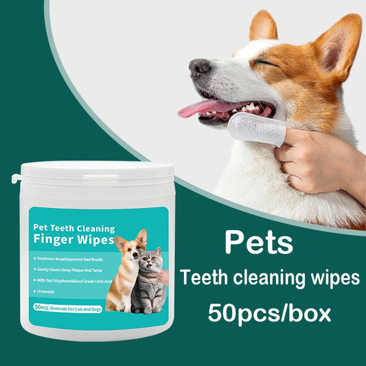 Dog finger toothbrush with pet teeth cleaning wipes for removing plaque, freshening breath and improving dog oral hygiene