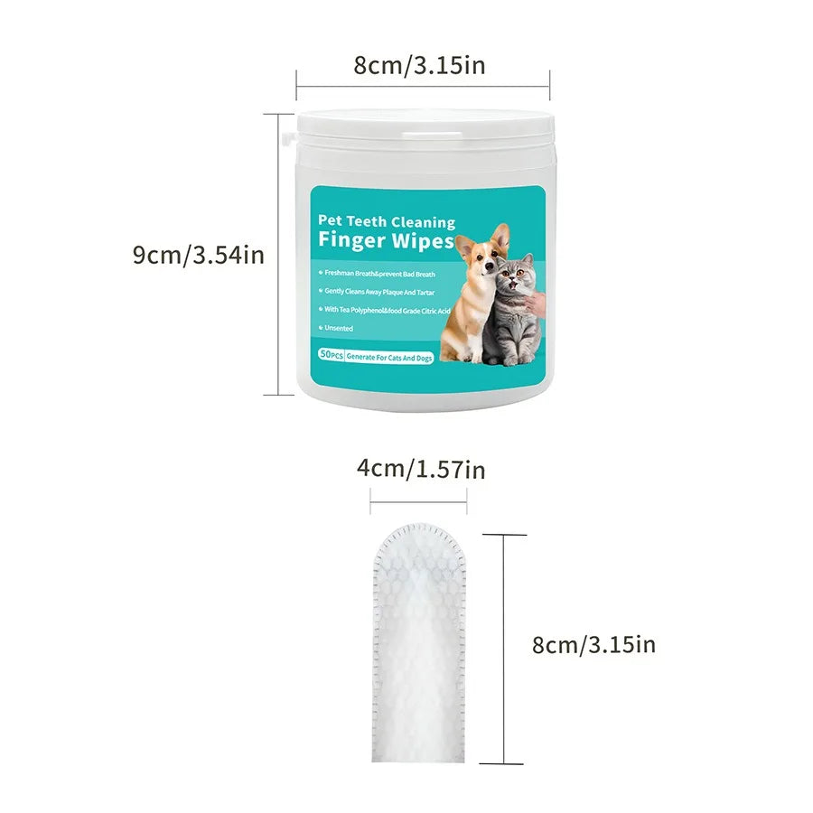 Dog teeth cleaning finger wipes container and finger brush size details, soft dental wipes for removing plaque, tartar and maintaining pet oral hygiene