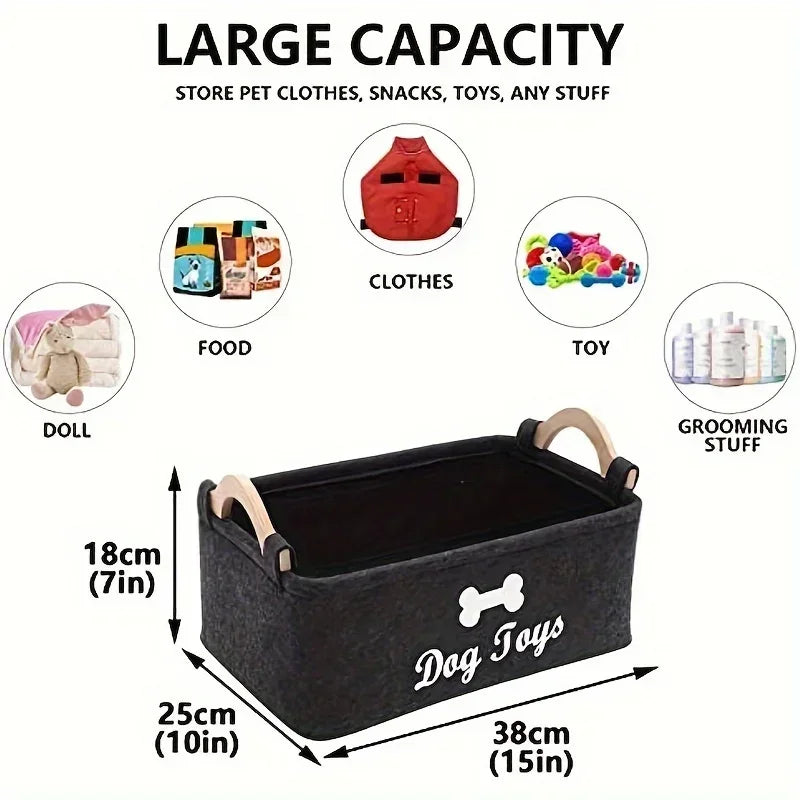 Large felt dog toy organizer basket with handles, used for storing pet toys, clothes, grooming supplies and accessories neatly at home