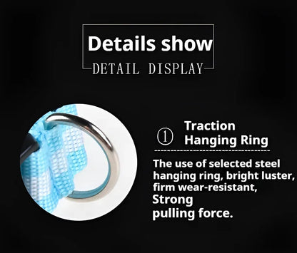 Close up of LED dog collar with strong metal D-ring for leash attachment, durable light up collar designed for night visibility and safe dog walking