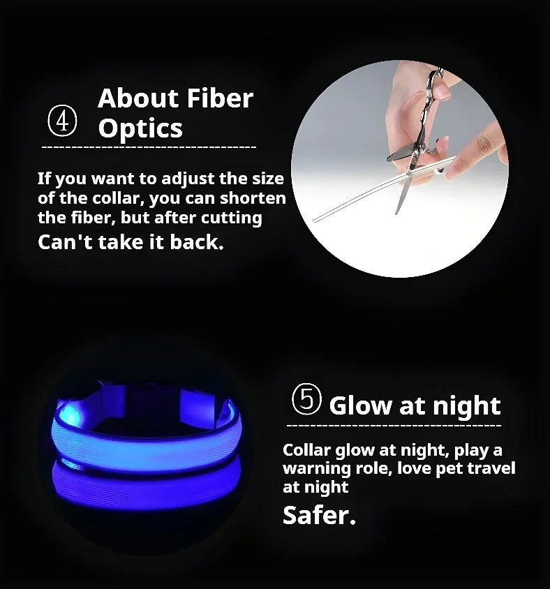 Close up of LED dog collar with strong metal D-ring for leash attachment, durable light up collar designed for night visibility and safe dog walking
