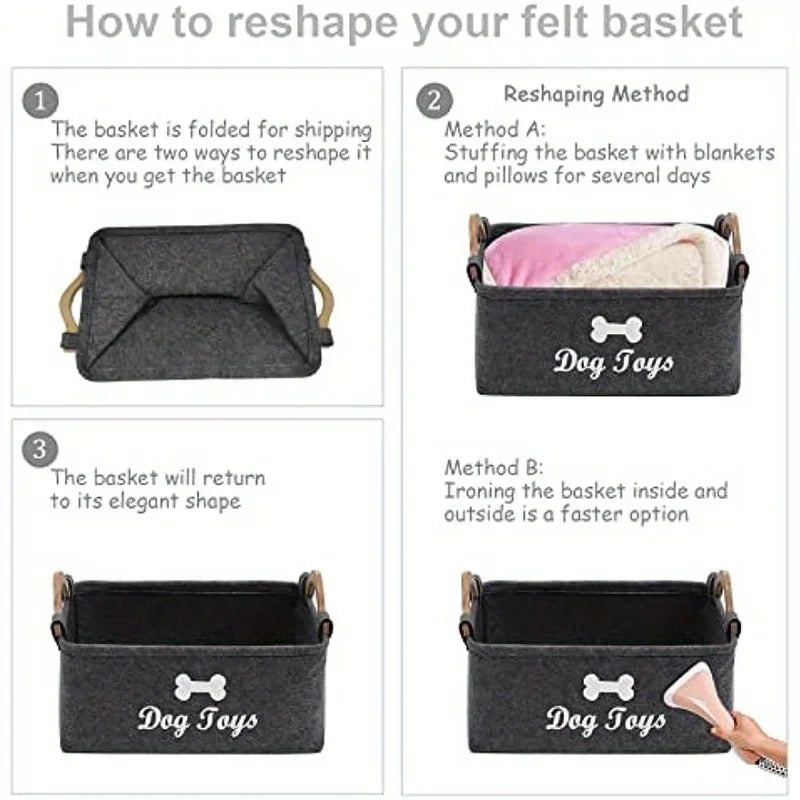Foldable felt dog toy storage basket showing reshaping steps, organizer bin for storing pet toys, blankets and accessories neatly