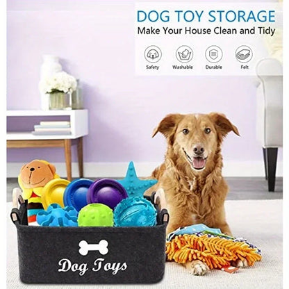 Large felt dog toy storage basket filled with colorful pet toys in home setting, durable organizer bin for keeping dog toys neat and tidy