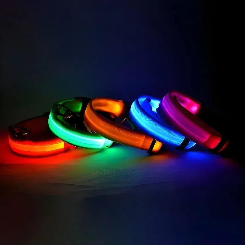 Multi-color LED dog collars glowing in dark, rechargeable light up pet collars for night walking safety and high visibility