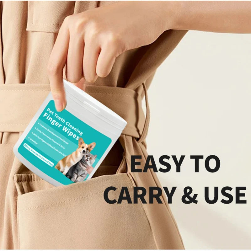 Portable dog teeth cleaning finger wipes in container, easy to carry for removing plaque, freshening breath and maintaining pet oral hygiene